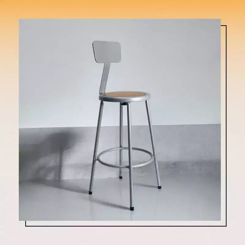 Sgabello rotondo in acciaio grigio con schienale basso, 1 posto