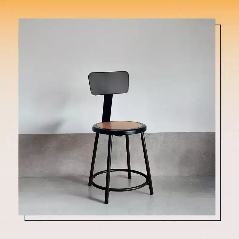 Sgabello rotondo in acciaio nero con schienale basso, altezza fissa 45,7 cm, 1 posto