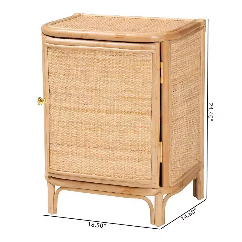 Comodino in Rattan Marrone Naturale, 1 Anta 2 Ripiani, 1 Persona