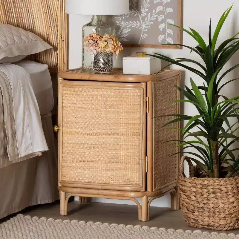 Comodino in Rattan Marrone Naturale, 1 Anta 2 Ripiani, 1 Persona