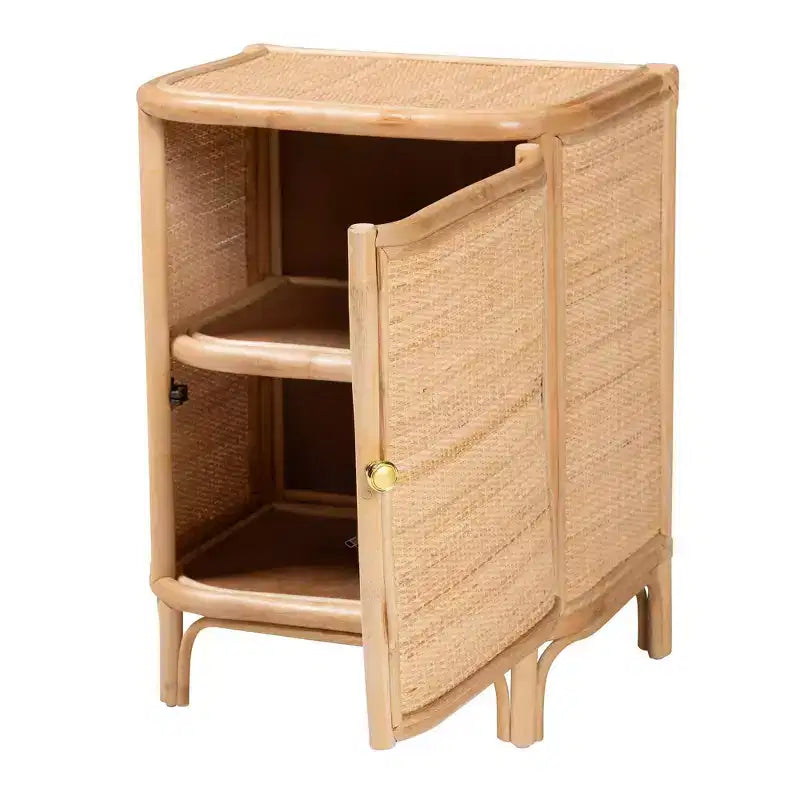 Comodino in Rattan Marrone Naturale, 1 Anta 2 Ripiani, 1 Persona