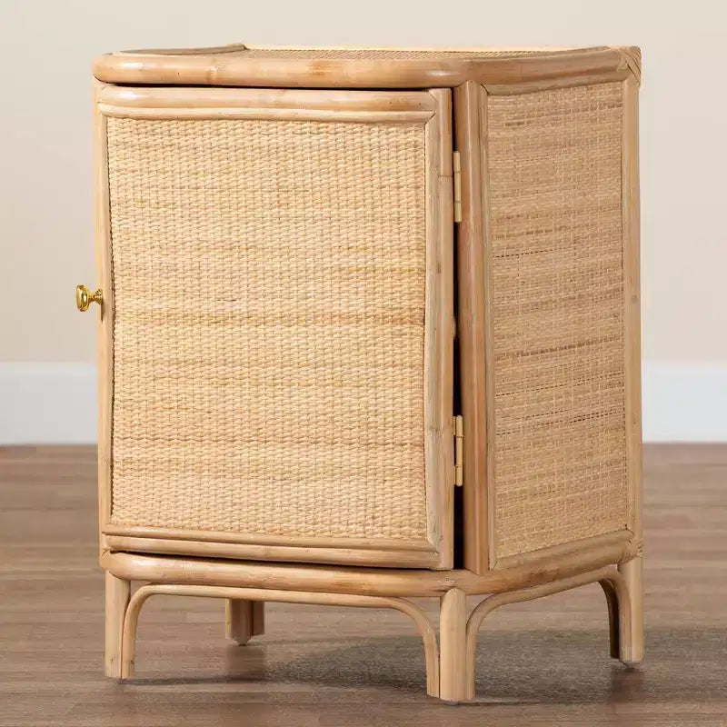 Comodino in Rattan Marrone Naturale, 1 Anta 2 Ripiani, 1 Persona