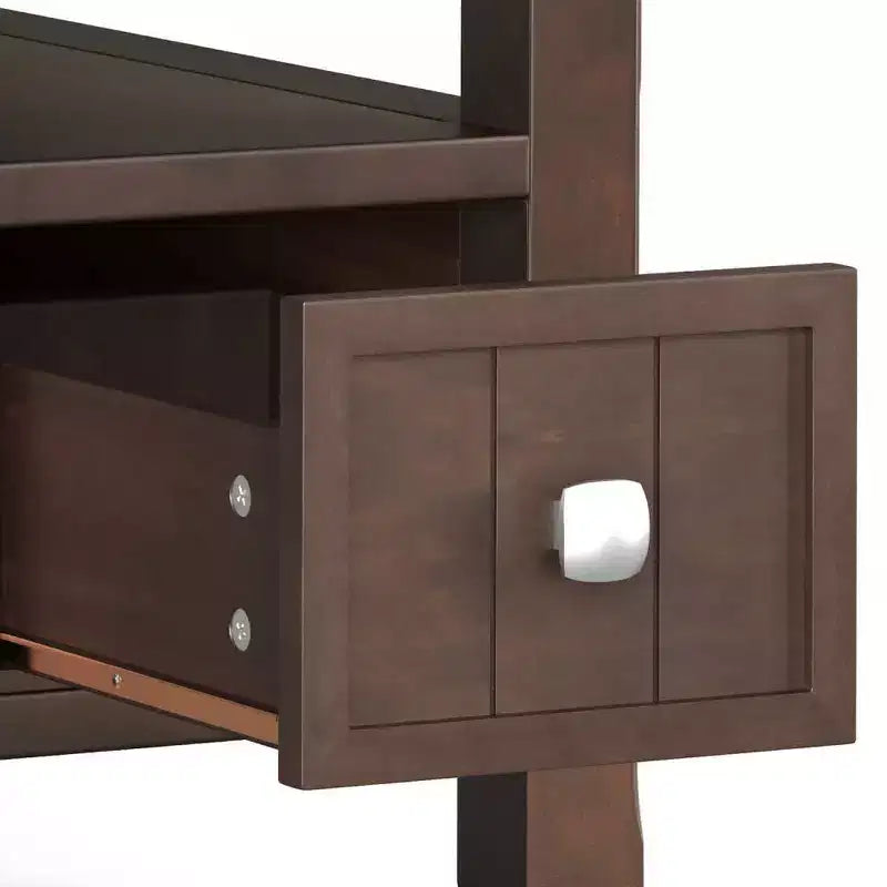 Tavolino stretto marrone con cassetto, in legno di pino, montaggio da 1 persona