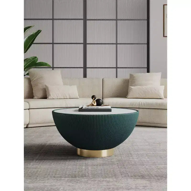 Tavolino rotondo in similpelle con piano effetto marmo – Crema / Grigio / Verde / Arancione