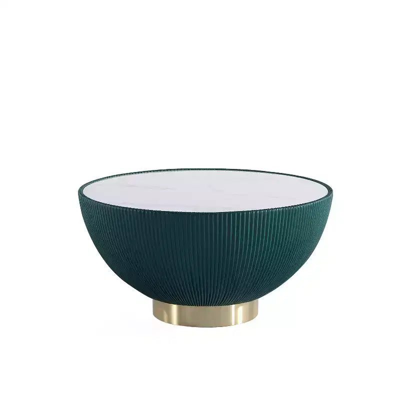 Tavolino rotondo in similpelle con piano effetto marmo – Crema / Grigio / Verde / Arancione