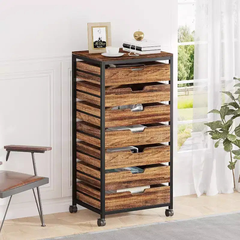 Cassettiera a 7 cassetti in legno marrone con ruote, armadietto singolo