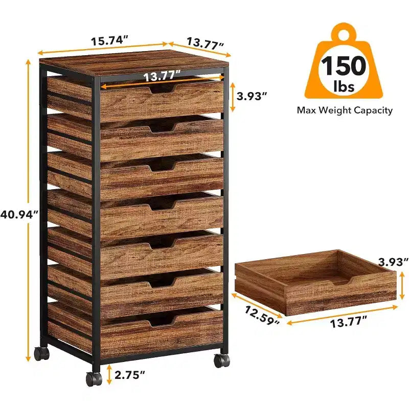 Cassettiera a 7 cassetti in legno marrone con ruote, armadietto singolo