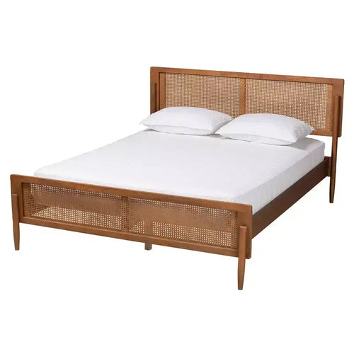 Piattaforma Letto Ash Walnut Mid-Century con Pannello in Rattan – Queen / King, Posti Letto 1–2