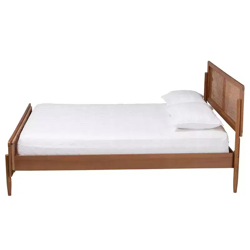 Piattaforma Letto Ash Walnut Mid-Century con Pannello in Rattan – Queen / King, Posti Letto 1–2