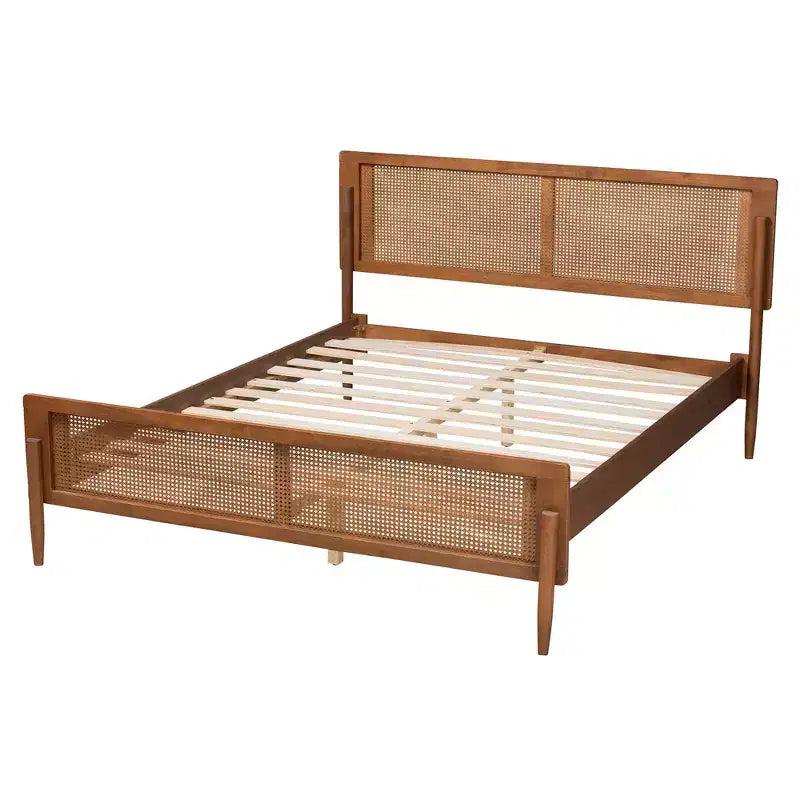 Piattaforma Letto Ash Walnut Mid-Century con Pannello in Rattan – Queen / King, Posti Letto 1–2