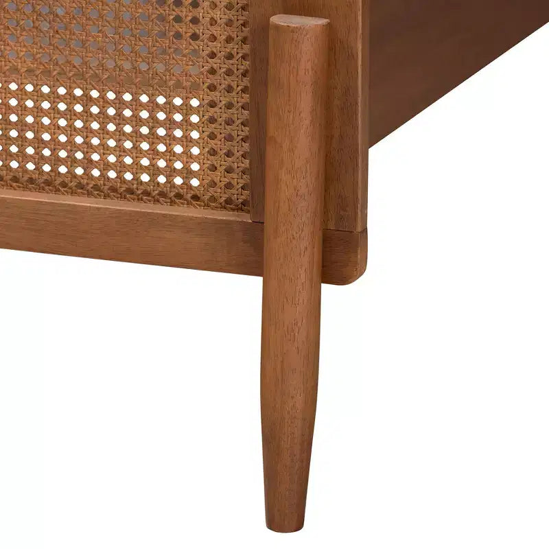 Piattaforma Letto Ash Walnut Mid-Century con Pannello in Rattan – Queen / King, Posti Letto 1–2