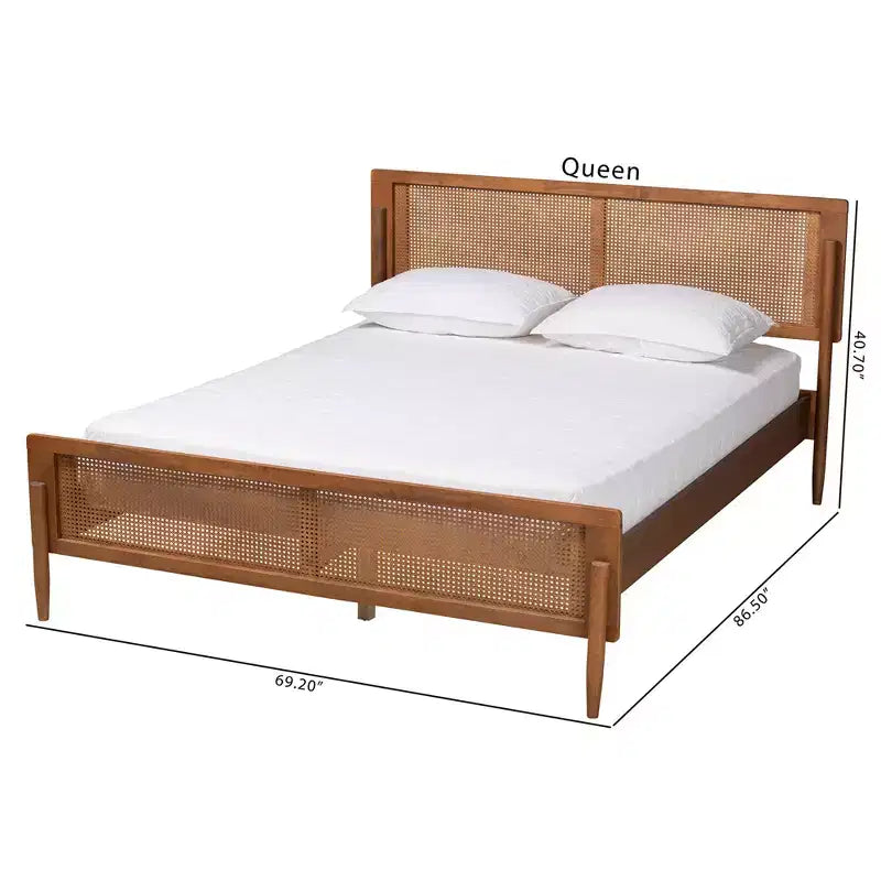 Piattaforma Letto Ash Walnut Mid-Century con Pannello in Rattan – Queen / King, Posti Letto 1–2