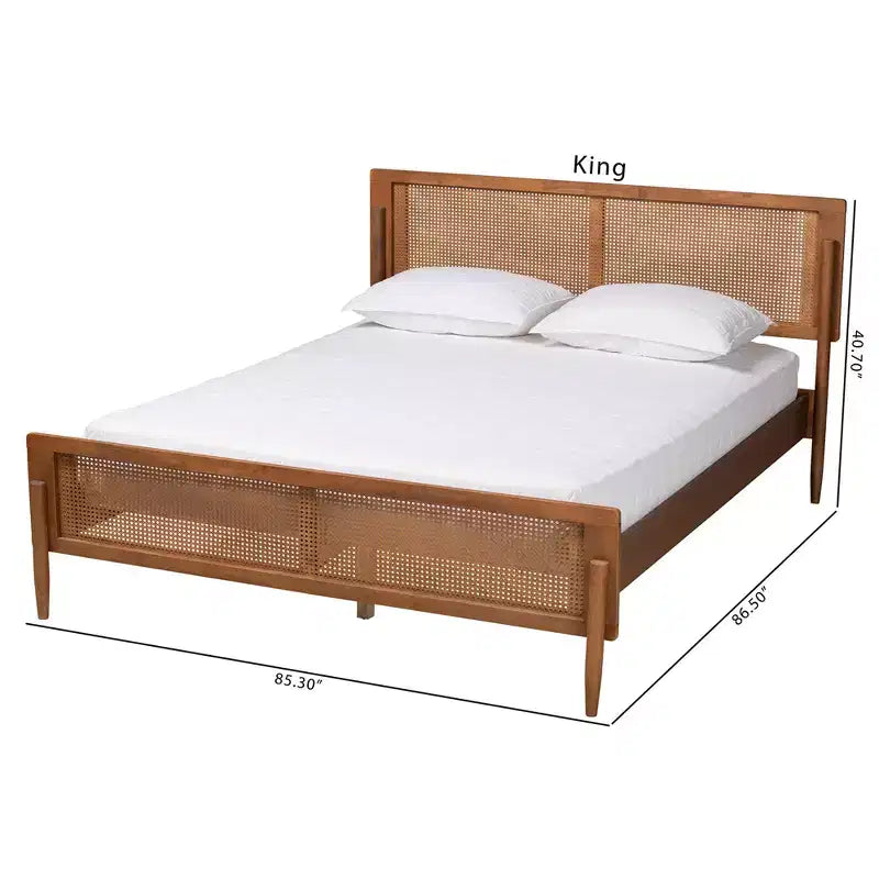 Piattaforma Letto Ash Walnut Mid-Century con Pannello in Rattan – Queen / King, Posti Letto 1–2