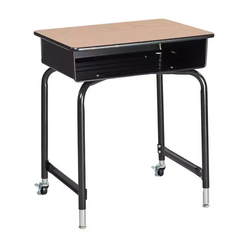 ECR4Kids Mobile Open Front Desk with Metal Storage Book Box, Classroom Furniture, Oak