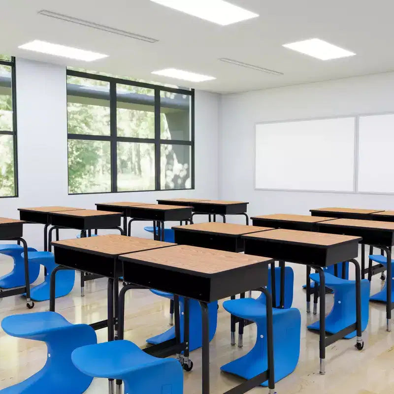 Scrivania singola per studenti mobile e regolabile in altezza in rovere con contenitore per libri