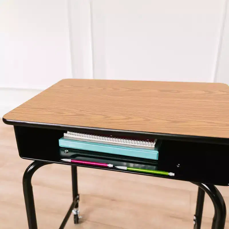 Scrivania singola per studenti mobile e regolabile in altezza in rovere con contenitore per libri