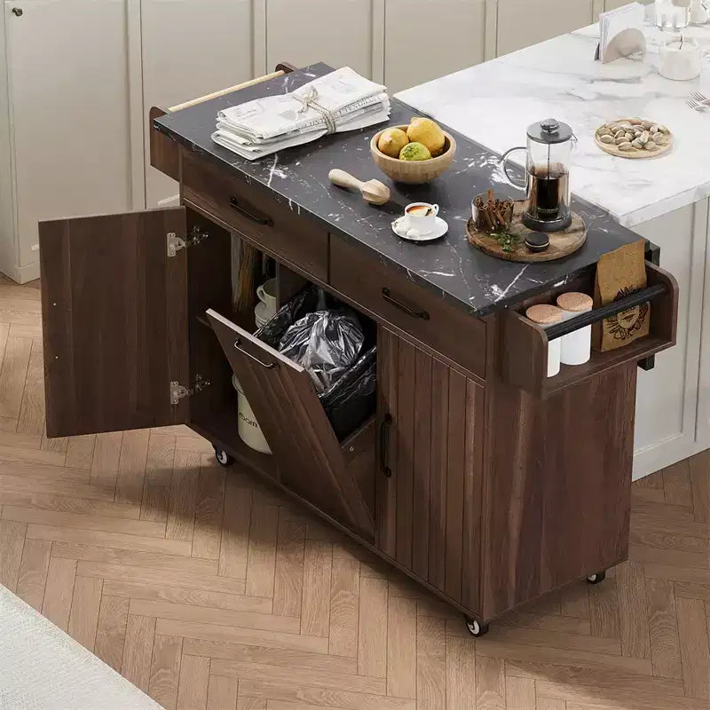 Kitchen Island with Trash Can Storage Cabinet, Rolling Kitchen Cart with Drop Leaf, Mobile Kitchen Island On Wheels For Dining Room Kitchen