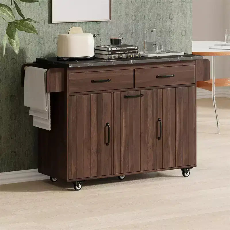 Carrello da Cucina Marrone con Rotelle, Ribalta e Vano per la Spazzatura, 2 Posti