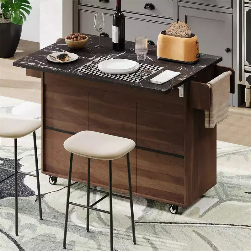 Carrello da Cucina Marrone con Rotelle, Ribalta e Vano per la Spazzatura, 2 Posti