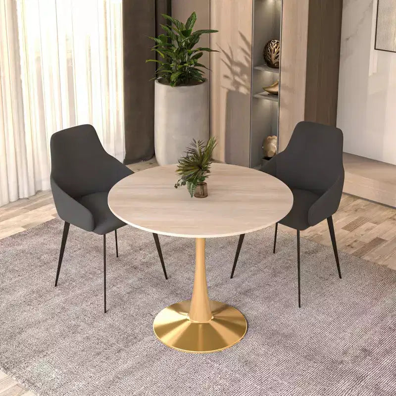Tavolo da pranzo rotondo nero / legno naturale / bianco – piano in pietra sinterizzata, base a piedistallo dorata, 4 posti
