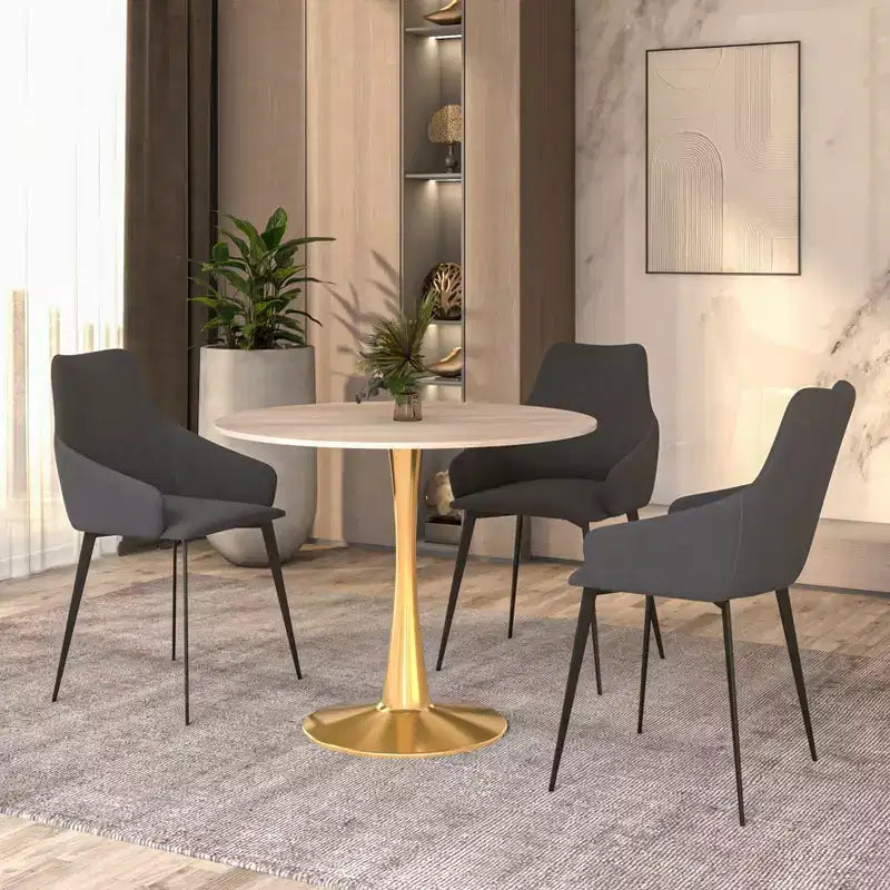 Tavolo da pranzo rotondo nero / legno naturale / bianco – piano in pietra sinterizzata, base a piedistallo dorata, 4 posti