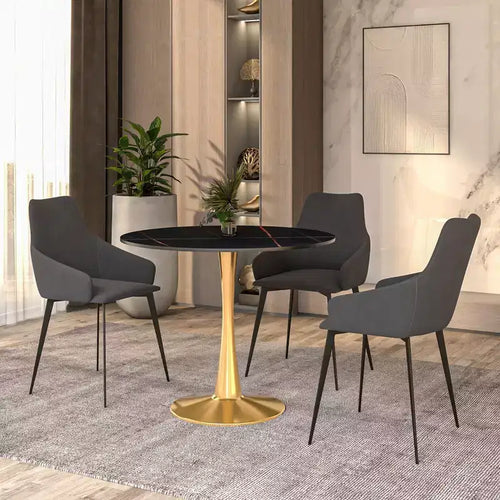 Tavolo da pranzo rotondo nero / legno naturale / bianco – piano in pietra sinterizzata, base a piedistallo dorata, 4 posti