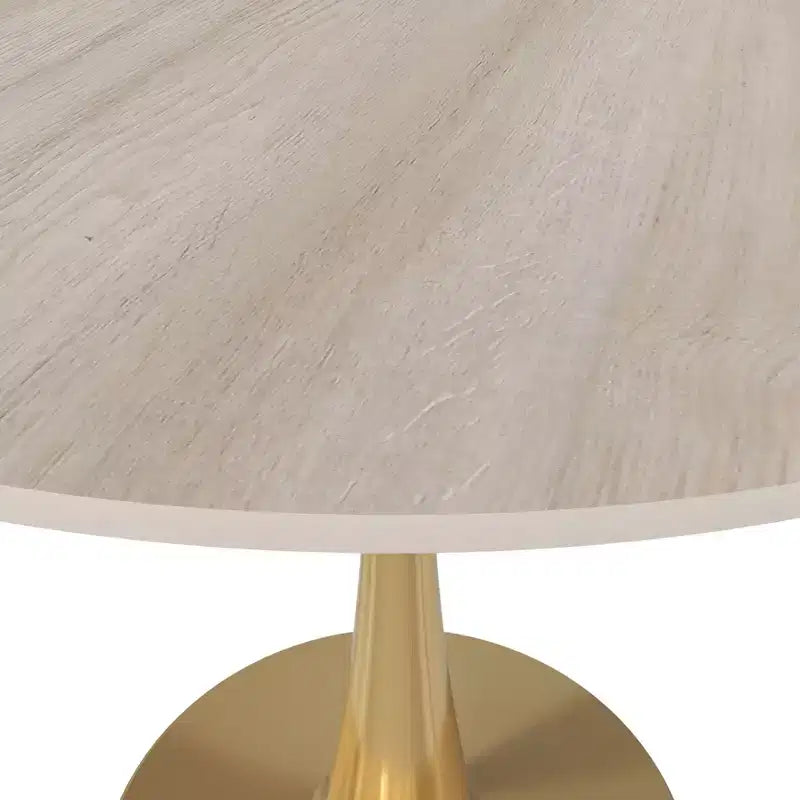 Tavolo da pranzo rotondo nero / legno naturale / bianco – piano in pietra sinterizzata, base a piedistallo dorata, 4 posti