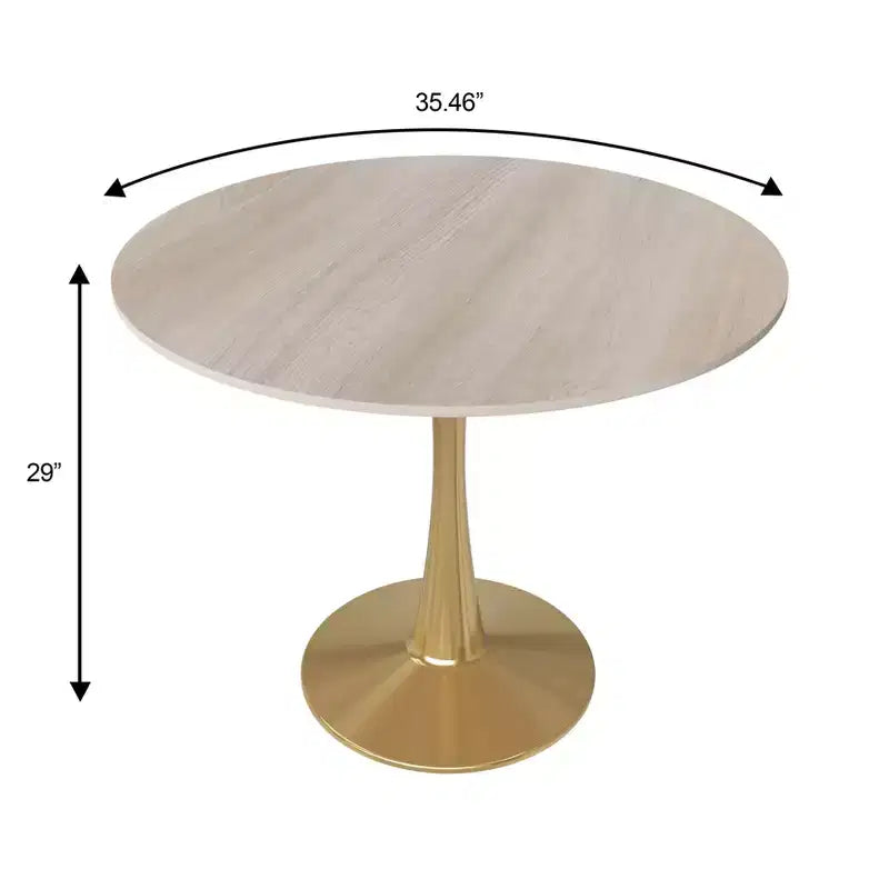 Tavolo da pranzo rotondo nero / legno naturale / bianco – piano in pietra sinterizzata, base a piedistallo dorata, 4 posti