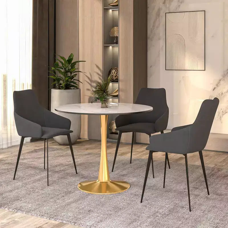 Tavolo da pranzo rotondo nero / legno naturale / bianco – piano in pietra sinterizzata, base a piedistallo dorata, 4 posti