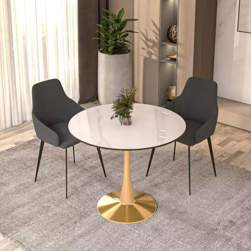 Tavolo da pranzo rotondo nero / legno naturale / bianco – piano in pietra sinterizzata, base a piedistallo dorata, 4 posti