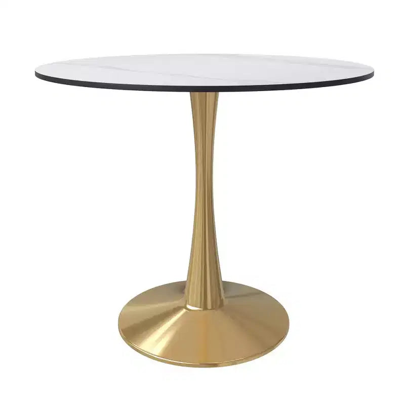 Tavolo da pranzo rotondo nero / legno naturale / bianco – piano in pietra sinterizzata, base a piedistallo dorata, 4 posti