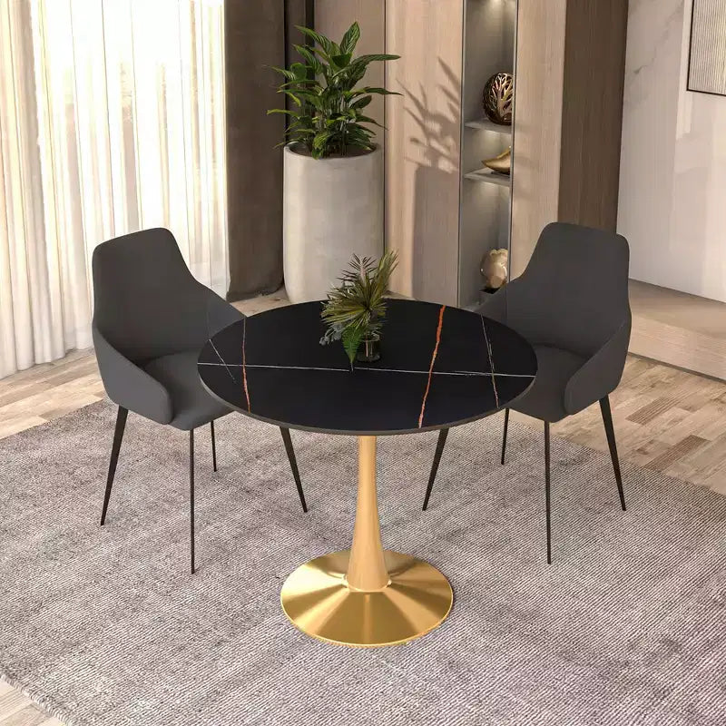 Tavolo da pranzo rotondo nero / legno naturale / bianco – piano in pietra sinterizzata, base a piedistallo dorata, 4 posti