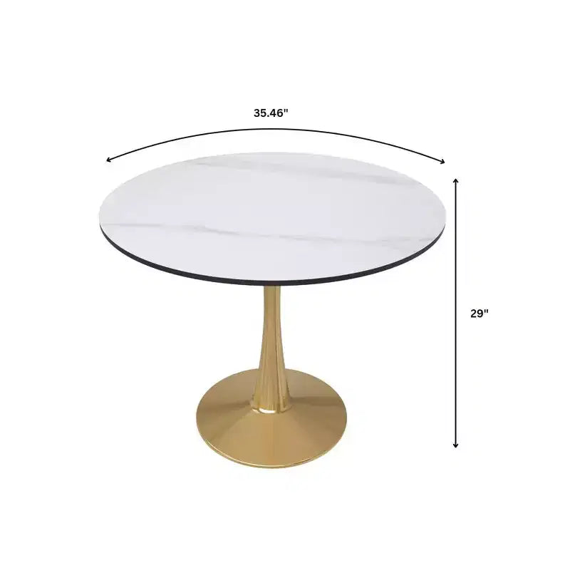 Tavolo da pranzo rotondo nero / legno naturale / bianco – piano in pietra sinterizzata, base a piedistallo dorata, 4 posti