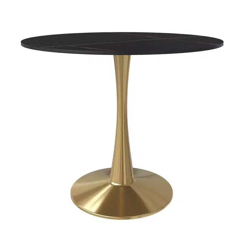 Tavolo da pranzo rotondo nero / legno naturale / bianco – piano in pietra sinterizzata, base a piedistallo dorata, 4 posti