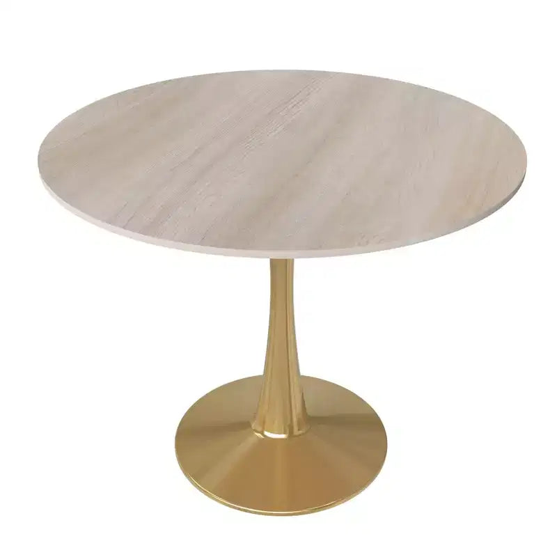 Tavolo da pranzo rotondo nero / legno naturale / bianco – piano in pietra sinterizzata, base a piedistallo dorata, 4 posti