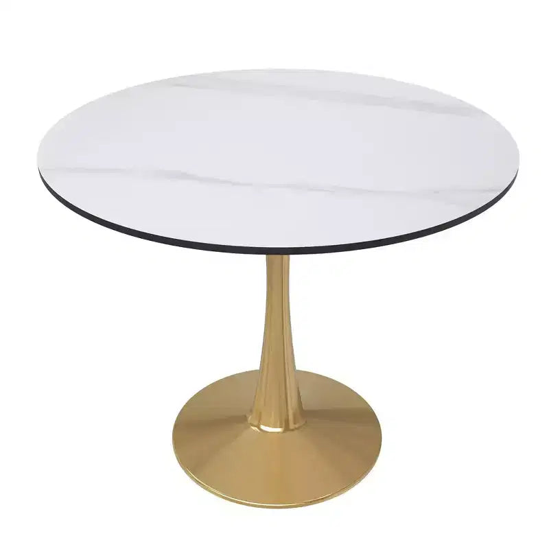 Tavolo da pranzo rotondo nero / legno naturale / bianco – piano in pietra sinterizzata, base a piedistallo dorata, 4 posti