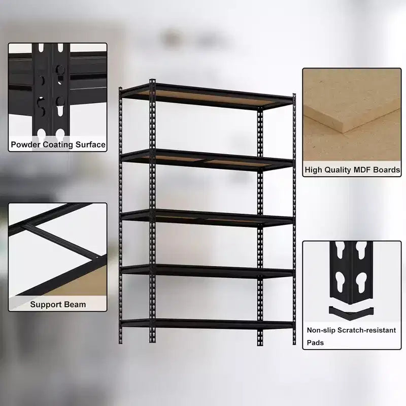 Scaffalatura in acciaio nera a 5 ripiani, regolabile, montaggio da 1 persona, 122 cm L x 46 cm P x 185 cm H
