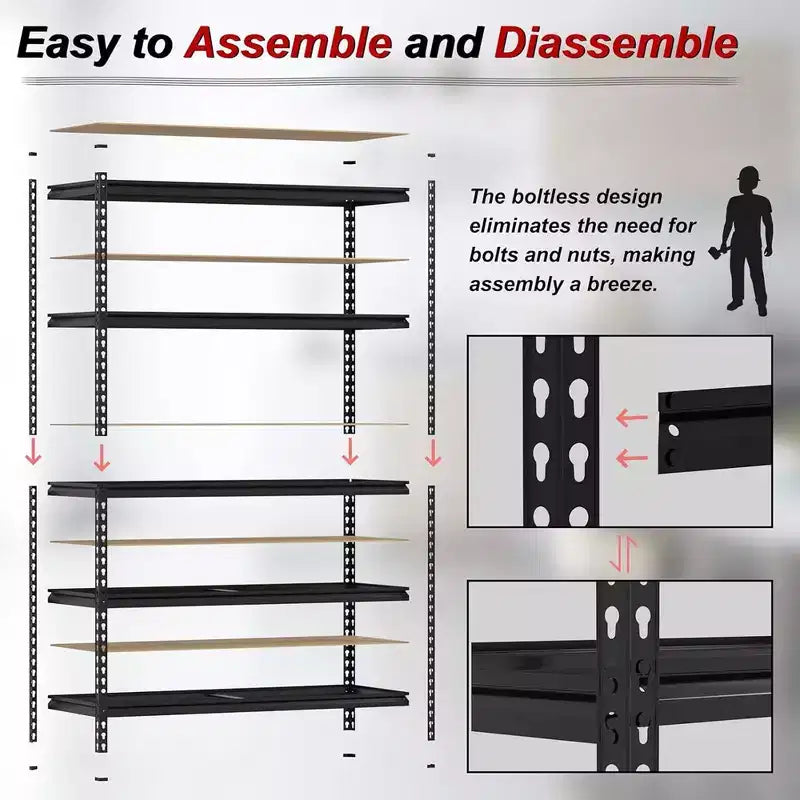 Scaffalatura in acciaio nera a 5 ripiani, regolabile, montaggio da 1 persona, 122 cm L x 46 cm P x 185 cm H