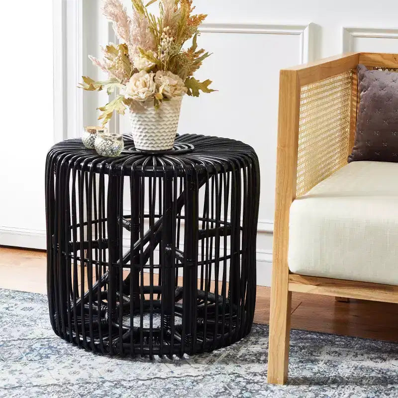 Tavolino rotondo in rattan, nero/miele naturale, stile costiero, 1 pezzo